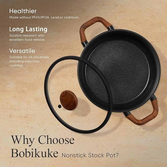 CAROTE 5QT Ceramic Stock Pot with Ladle, Nonstick Casserole with Lid, Even Heating Stockpot, Fits All Stoves, Non Stick Large Capacity Cooking Pots, PFAS Free, Black