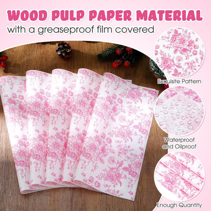 Marspark 100 Sheets Floral Wax Paper for Food Wrapping 11.4 x 11 Inches Spring Floral Food Basket Parchment Paper for Picnic Wedding Candy Cookies Baking Sandwich Burgers Greaseproof Wrapping(Pink)