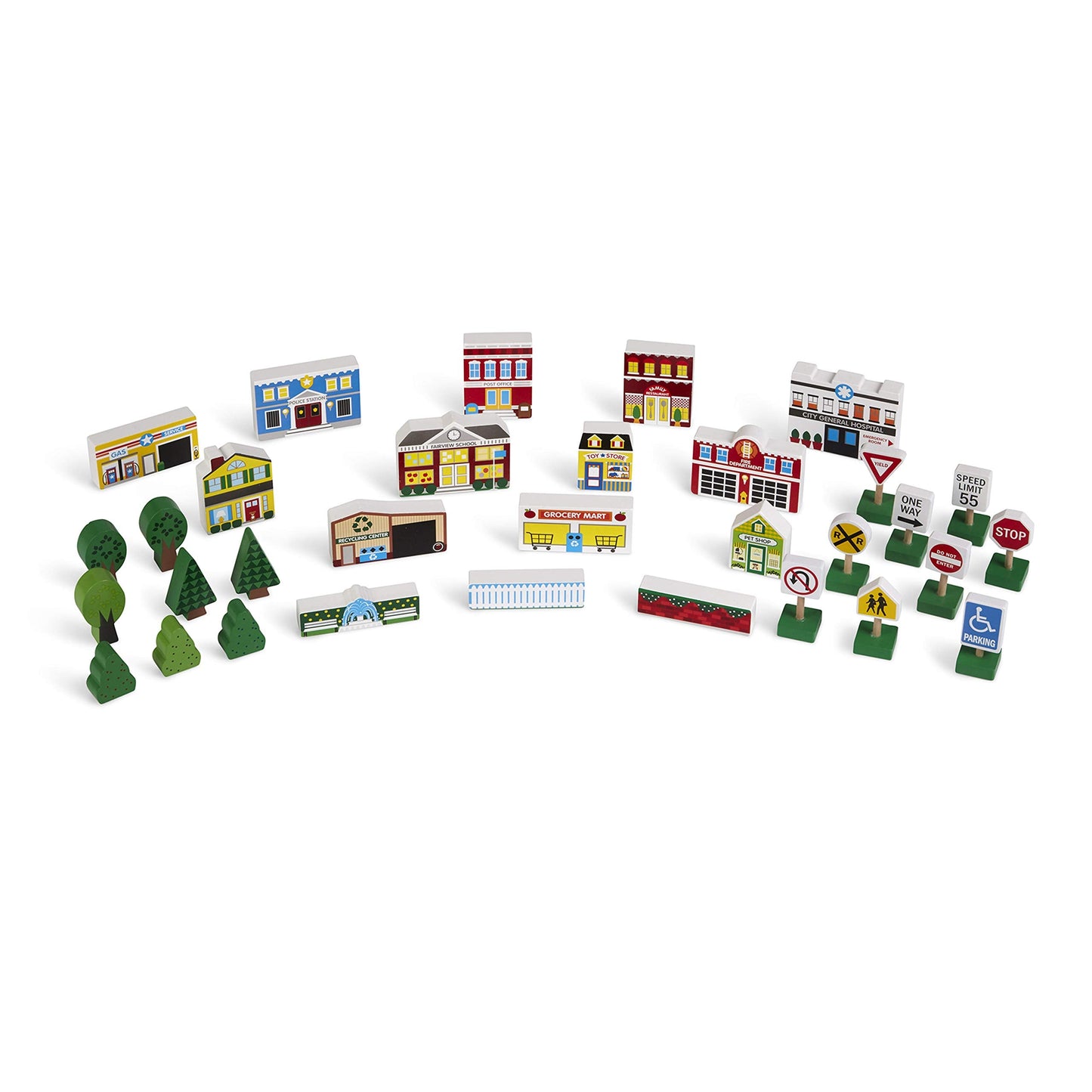 Melissa & Doug Wooden Town Play Set with Storage Tray (32 pcs) Pretend Play Wooden Town Set for Kids with Storage