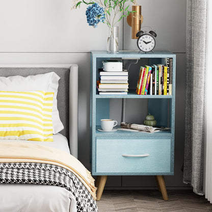 Aenuert Night Stand with Charging Station, Blue Nightstand with Drawer, 3-Tier Wooden Bedside Table with USB Ports and Outlets, End Table for Small Space, Living Room, Bedroom