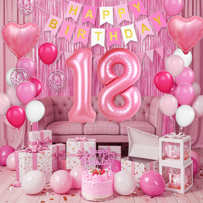 18th Birthday Decorations for Girls,Hot Pink 18th Birthday Balloons with Happy Birthday Banner Fringe Curtain Heart Foil Balloons for 18 Year Old Birthday Decor