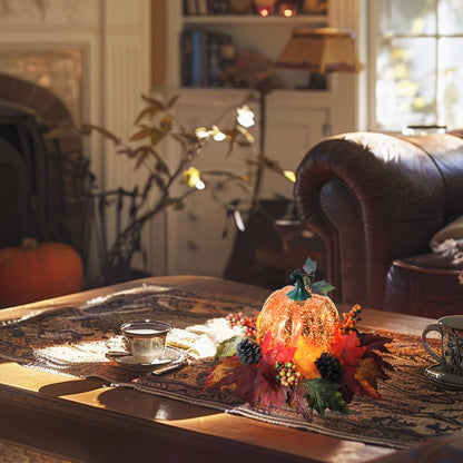 Lighted Pumpkin Fall Decor – LED Thanksgiving Decoration with Faux Maple Leaves, Berries, and Pinecones, Autumn Harvest Centerpiece for Table, Indoor and Outdoor Home Display