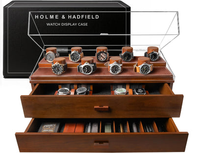 Premium 17 Slot Watch Box for Men - Extra Large Wooden Watch Display Case with Hinged Cover, Leather Lining & 2 Drawers - Watch Holder Organizer Stand - Handcrafted Luxury Father's Day Present for Men