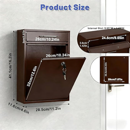 KYODOLED Locking Wall Mount Mailbox for Outside, Drop Box, X-Large, Bronze | Heavy-Duty Steel, Outdoor Mail Box with Key Lock, Large Capacity, Home, Office & Apartment Use, 16.2H × 11.2L × 4.6W In