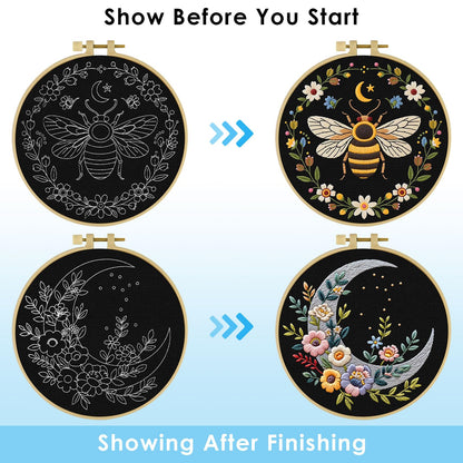 ERKOON Embroidery Kit for Beginners, 2 Set Flower Cross Stitch Set Include Embroidery Cloth Hoops Threads for Craft Lover Hand Stitch with Embroidery Skill Techniques (Bee Moon)
