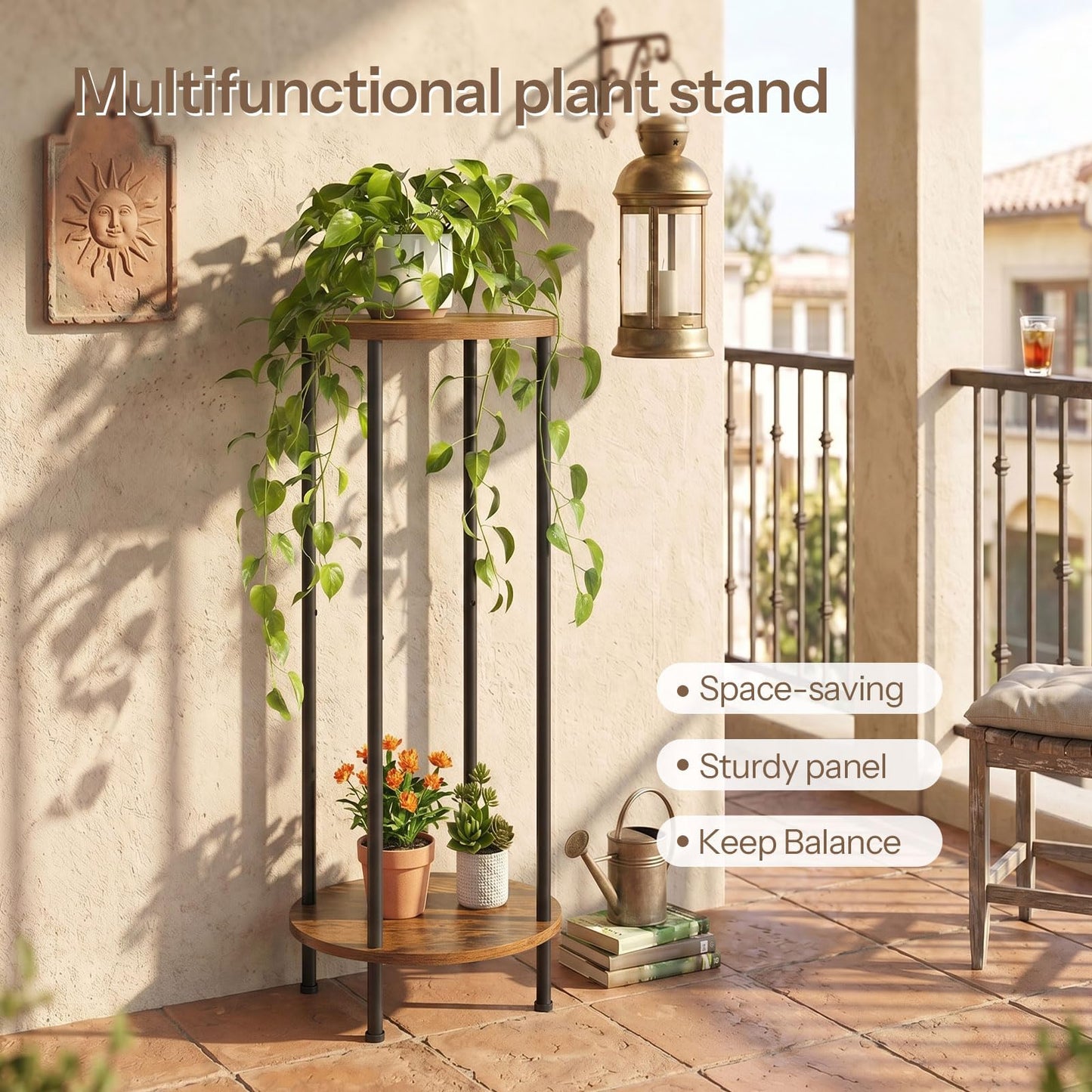 HOOBRO Plant Stand Indoor, 2 Tier 32.8" Tall Small Plant Shelf for Small Space, Round Potted Holder Rack, Modern Flower Stand for Living Room Balcony Garden, Rustic Brown and Black BF15HJ01