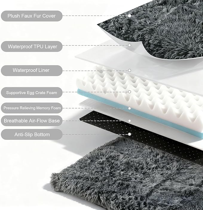 XL Orthopedic Dog Bed for Large Dogs, Dual-Layer Memory & Egg-Crate Foam, Washable Warm Winter Plush Cover, Waterproof Liner, Non-Slip Bottom, Crate/Kennel Pad, 44 x 32 Inch, Dark Gray
