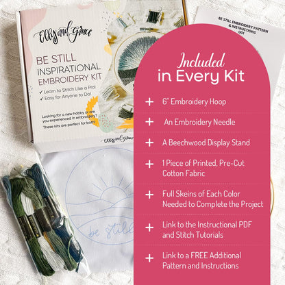 Elly & Grace Christian Embroidery Kit with Embroidery Hoop, Easy Embroidery Kit for Beginners and Adults, Full Embroidery Hoop Kit with Needles and Thread Included (Be Still)