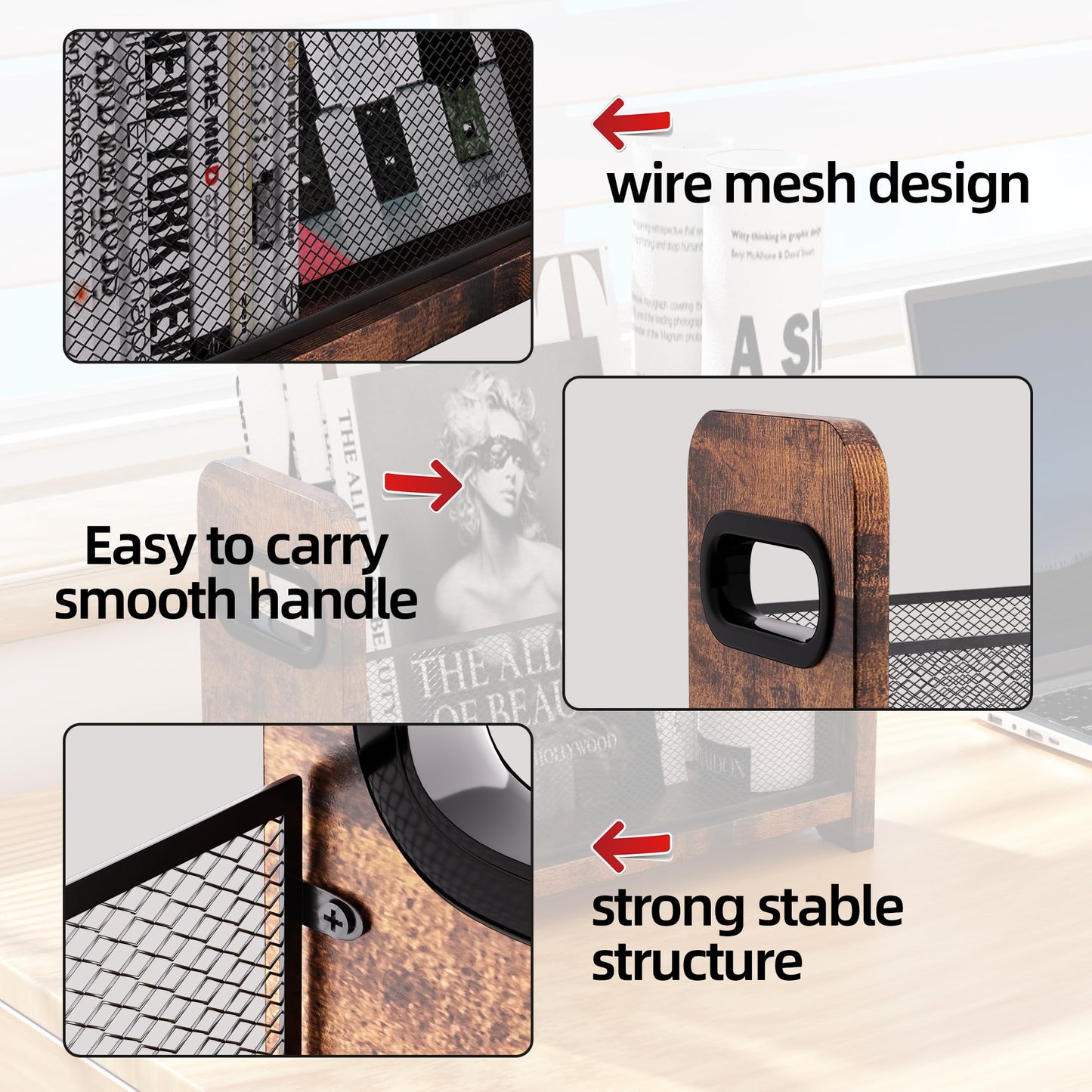 ASIFMTHOT Wood Magazine Holder & Rack - Retro Brown Mesh Storage Basket for Books, Newspapers, Files - Desk/Floor Organizer