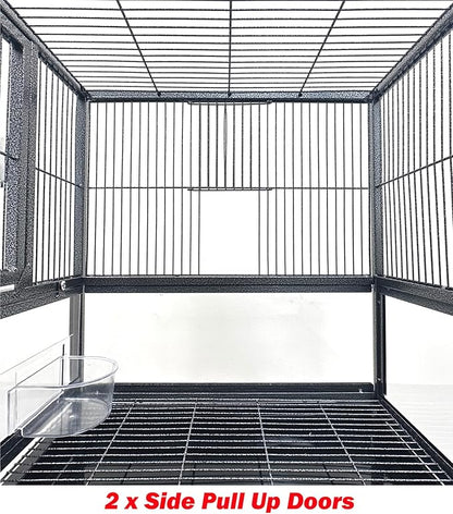 Elegant Sturdy Wrought Iron Bird Parrot Flight Cage Front Door Side Nesting Doors Acrylic Clear Bottom Prevent Food Spillage Storage Shelf Removable Rolling Stand Lockable Wheels