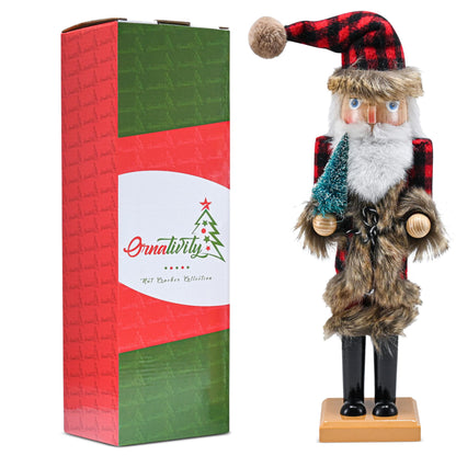 Ornativity Christmas Nostalgic Santa Nutcracker – Red and Black Wooden Nut Cracker Santa Clause Man with Buffalo Brown Fur Plaid Coat Holding a Xmas Tree Themed Holiday Doll Figure Decorations 15"