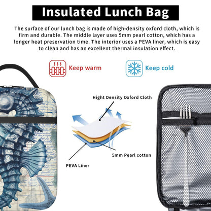 VANZEV Sea Horse Lunch Box for Adults Women Girls Boys Kids Nautical Ocean Animal Theme Lunch Box Insulated Cooler Reusable Lunch Bag Container Gifts for Work Office Picnic Travel School