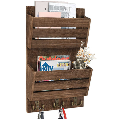 Unistyle Mail Organizer with 4 Hooks, Rustic Brown Wall Mount, Cedar Wood Key Holder for Letters, Magazines, Keys, Dog Leashes