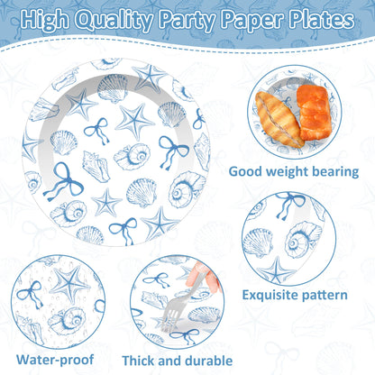 Jisfigtrh 60PCS Blue Bow Seashell Tableware Kit 7" Under The Sea Dinner Plates Ocean Dessert Plates Beach Starfish Seashell Party Supplies for Kids Girls Boys Birthday Graduation Events
