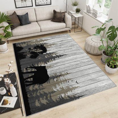 Retro Country Style Area Rug - 4' x 5' Wooden Board Animal Silhouettes Indoor Rug, Easy Care Machine Washable Large Carpet for Living Room Bedroom Dining Room Office