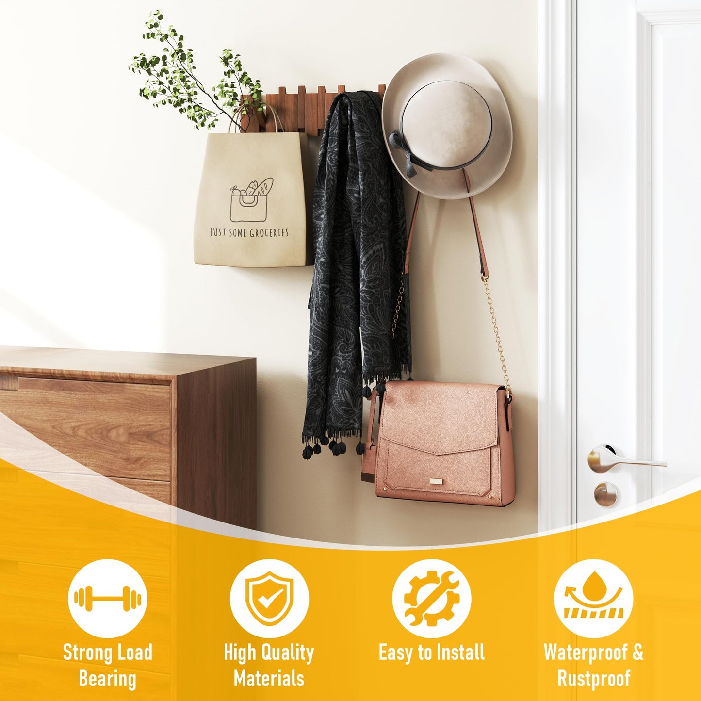 Qriocioa Wood Wall Mounted Coat Rack with 10 Flip Down Hooks, Heavy Duty Piano Style Wall Hook Rack, Decorative Coat Hooks Wall Mount for Entryway, Living Room, Bedroom, Bathroom, Kitchen