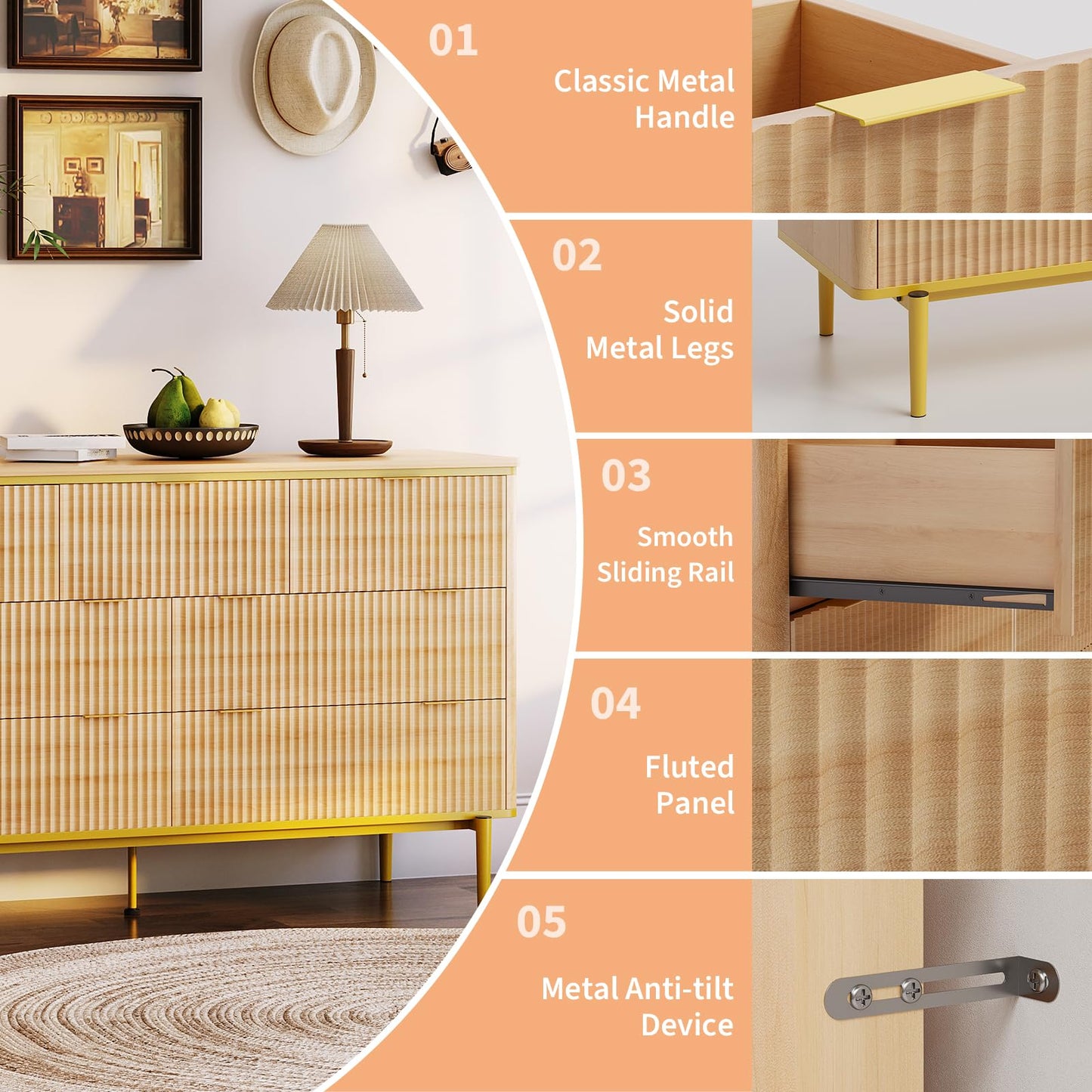 Garvee LED Dresser with Charging Station - Modern 5-Drawer 47" Wide Wooden Chest, Storage Organizer for Bedroom, Nursery, Hallway & Apartments