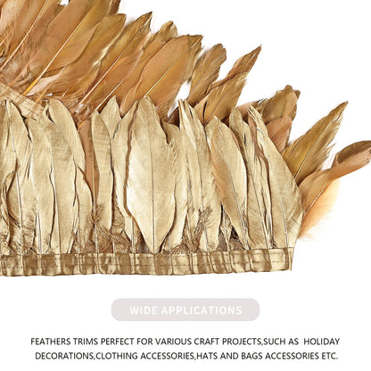 MAOFENG 2 Yards Natural Goose Feathers Trim Sewing Fringe Fashion Dress Sewing 6-8inch for DIY Handicrafts Costumes Decoration,Golden