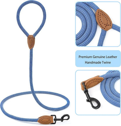 Mile High Life Rope Leash with Genuine Leather Connection, 6 FT/5 FT/4 FT, Heavy Duty Leash for Medium & Large Dogs (Blue White, 72 Inch)