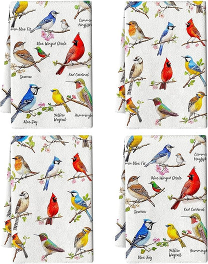 Birds on Branch Kitchen Towels Decorative Set of 4, Absorbent Cardinal