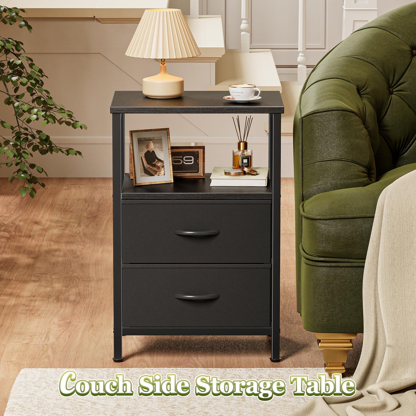 Huuger Night Stand with 2 Drawers, Bed Side Table with Open Shelf, Wooden Top, Nightstand for Bedroom, End Table for Small Space, Fabric Drawer, Black