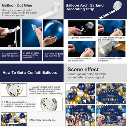 Tatuo Navy Blue Birthday Confetti Balloons Kit Set Photography Backdrop Banner Package for Boys Girls Men Women Birthday Party Decorations Supplies(Navy Blue and Gold)