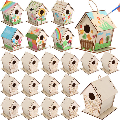 DoubleFill 24 Pack Wooden Bird House Bulk for Kids Birdhouse Kit Wood Houses for DIY Unfinished Hanging Birdhouse Kits, Wooden Craft Houses to Paint Family Camping Summer Crafts