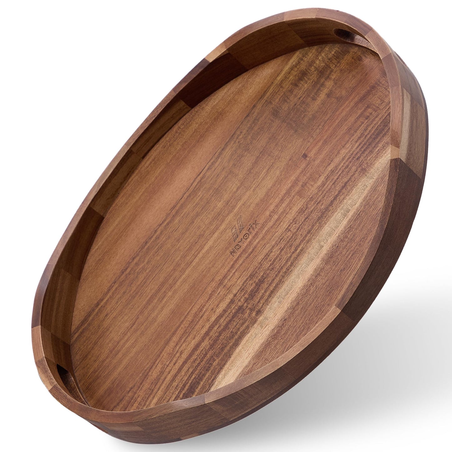 Acacia Wood Serving Tray with Handles - 17'' x 13'' Round, Decorative Ottoman Trays for Breakfast, Home Decor, Tea Party, Coffee Table, Candle Display, Kitchen Counter Board