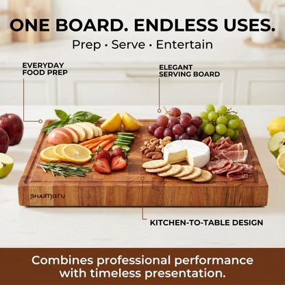 SHUMARU End-Grain Mahogany Cutting Board, 17×13×1.6" Thick Butcher Block with Juice Groove, Knife-Friendly Wood Chopping Block, Non-Slip Rubber Feet, Hand Grips, Heavy-Duty Prep & Serving Board
