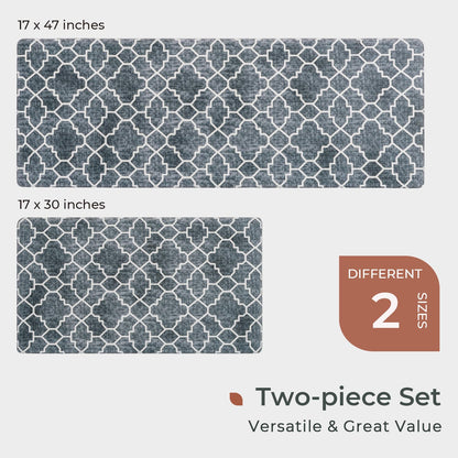 FRESHMINT Kitchen Mat Set of 2, Anti-Fatigue Cushioned Kitchen Mats for Floor, Waterproof Non Slip Comfort Standing Mat, Boho Kitchen Rug for Kitchen Decor, Sink, Office, 17"x30"+17"x47", Navy Blue