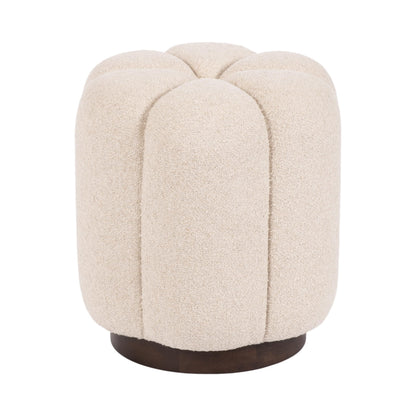 Kate and Laurel Lucida Round Upholstered Ottoman with Mango Wood Base, 16 x 16 x 18, Soft White and Dark Brown, Modern Scalloped Boucle Ottoman Foot Rest for Apartment or Living Room Decor