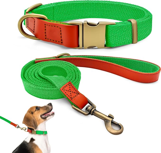 Dog Collar and Leash Set with Metal Quick Release Buckle, Adjustable, Breathable Nylon, Durable, Soft and Comfortable, No Pull for Walking and Training, Fluorescent Green, M (12.5"-19.6")
