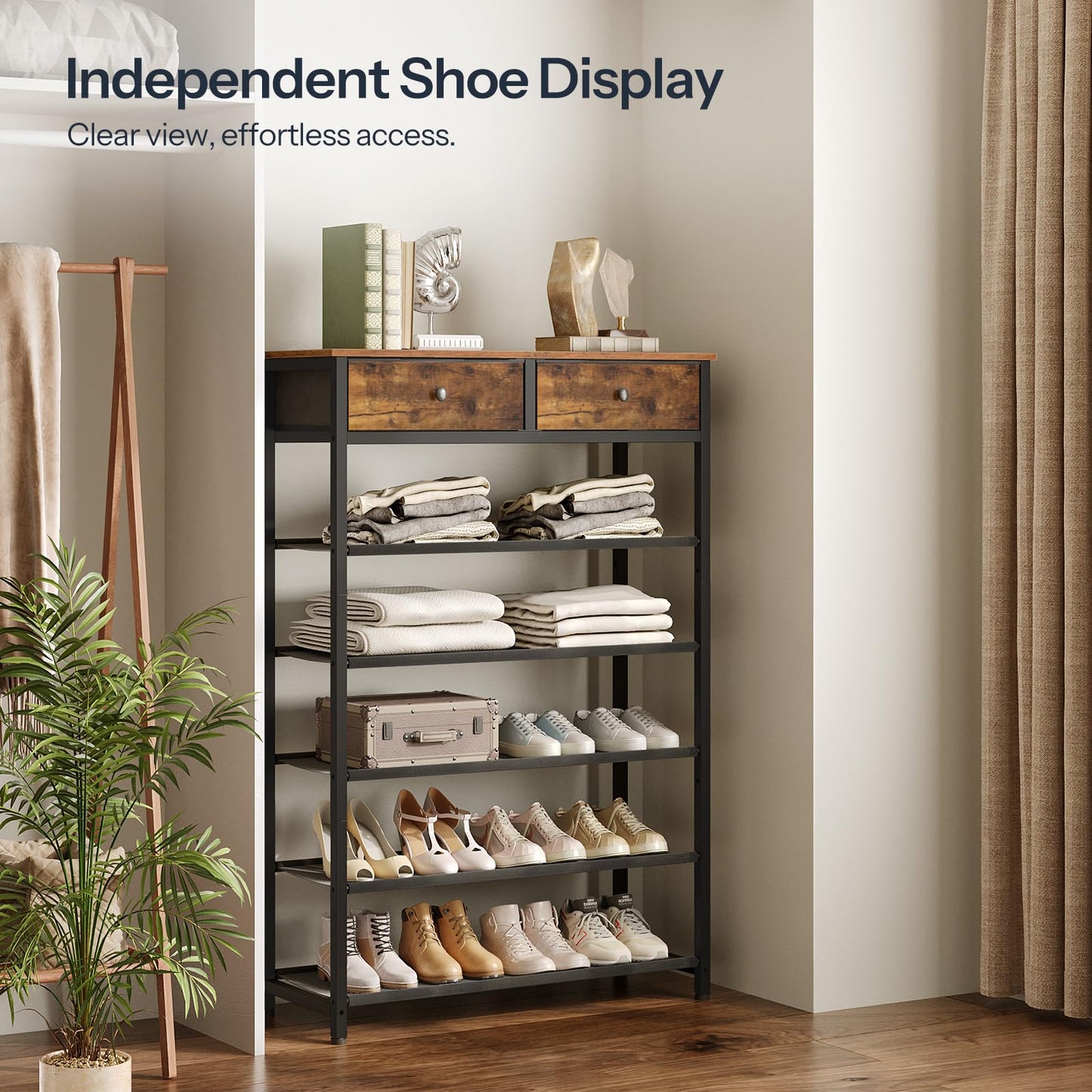 HOOBRO Shoe Rack, Shoe Storage Organizer with 2 Non-Woven Drawers, Shoe Shelf with Wooden Top, Closet, Rustic Brown BF12-79XJ01