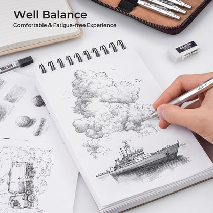 Nicpro 20PCS Metal Mechanical Pencil Set in Leather Case, Art Drafting Pencil 0.3, 0.5, 0.7, 0.9 mm & 2mm Lead Holders, 9 Tube (4B 2B HB 2H Colors) Lead Refills, Erasers For Sketching Drawing