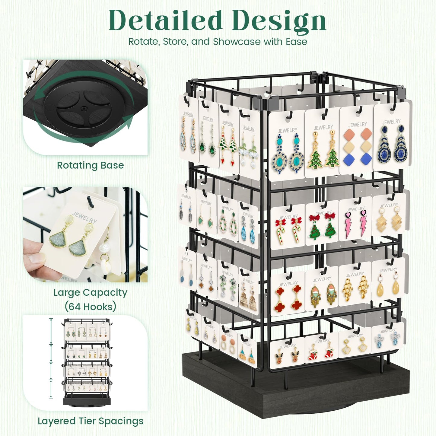 EsLuker.ly Rotating Earring Display Holder Stand for Vendors Events Selling, Large Capacity 64 Hooks Jewelry Rack with Wooden Base for Earring Card Sales, Enhances Retail Visibility