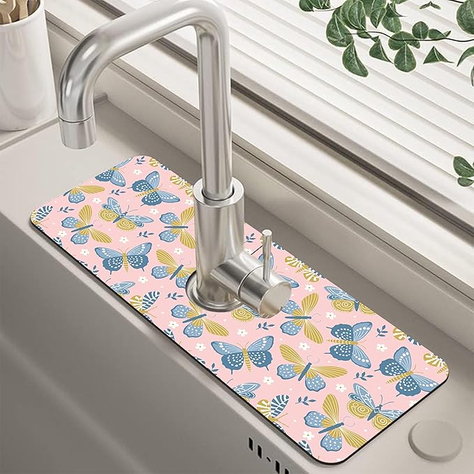 Butterflies and Chamomile Kitchen Sink Splash Guard Faucet Mat Super Absorbent