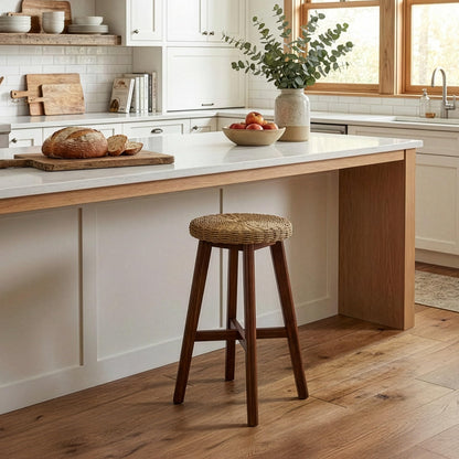 Alaterre Furniture Calais Round Bar Stool with Woven Seat - 24in Counter Height Bar Stools Backless for Kitchen, Bar or Dining Room - Wooden Barstool (Chestnut Finish)