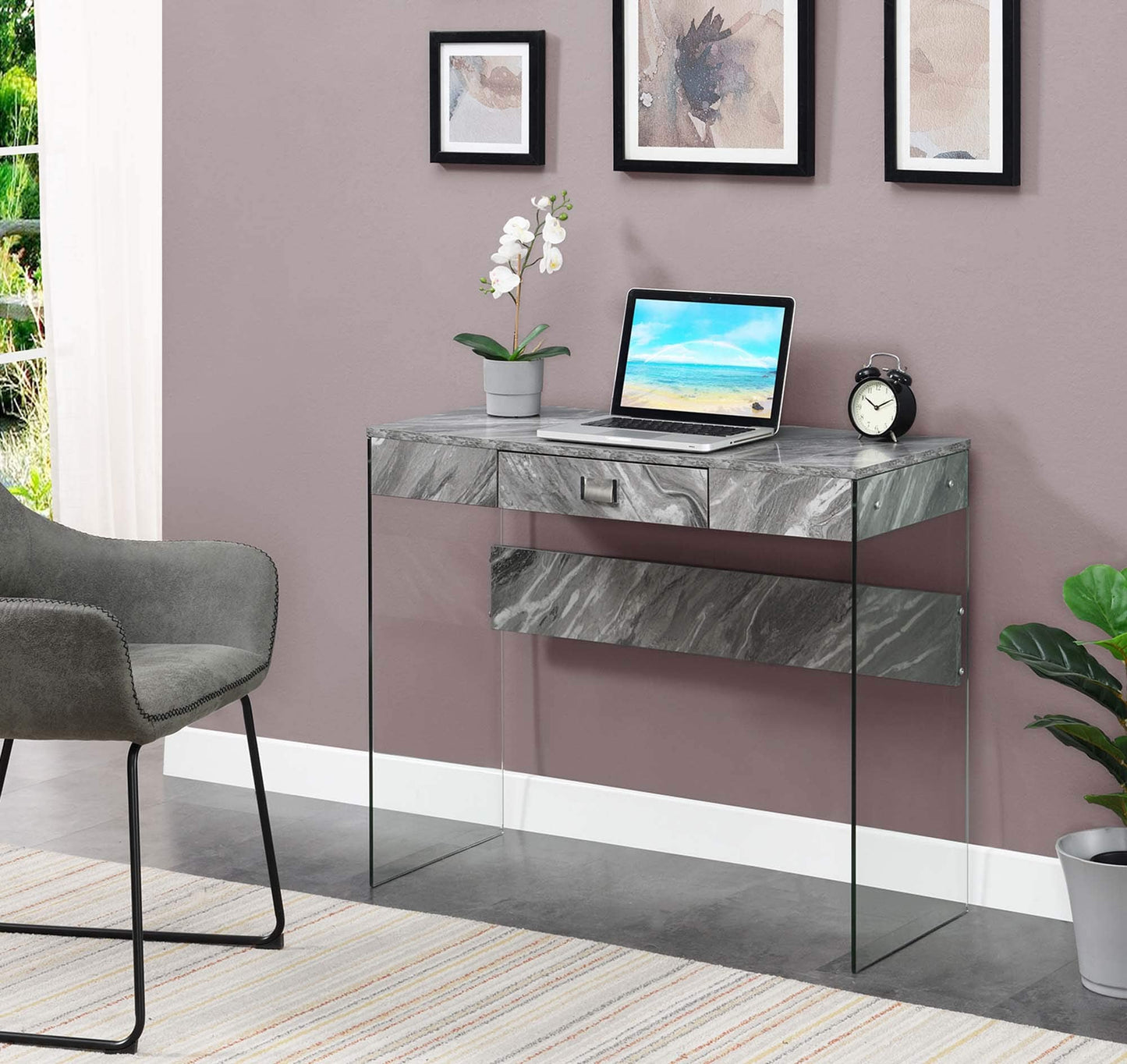 Convenience Concepts SoHo 1 Drawer Glass 36 inch Desk, Gray Faux Marble/Glass