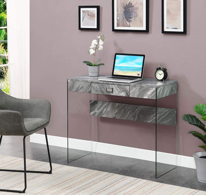 Convenience Concepts SoHo 1 Drawer Glass 36 inch Desk, Gray Faux Marble/Glass