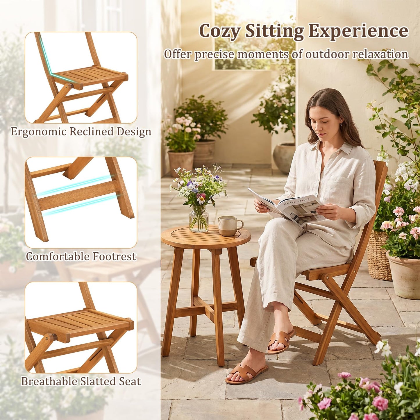 Tangkula Wood Foldable Patio Chairs Set of 2, Portable No Assembly Outdoor Bistro Chairs with Slatted High Backrest & Seat, Space-Saving Patio Seating for Porch, Garden, Backyard, Poolside & Lawn