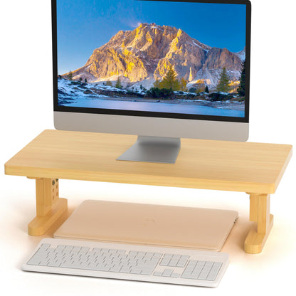 Qecamy Bamboo Monitor Stand Riser for Desk, Height Adjustable Computer Riser & Laptop Stand, Ergonomic Desktop Organizer Shelf W/ Underneath Storage, Sturdy 100 lbs Capacity for Printer/TV/Home Office