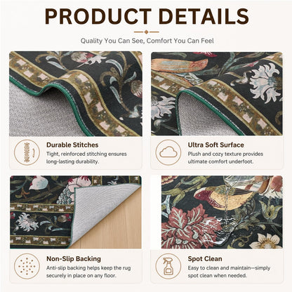 Helthep 5 * 7 Vintage Floral Bird Washable Green Area Rug for Living Room