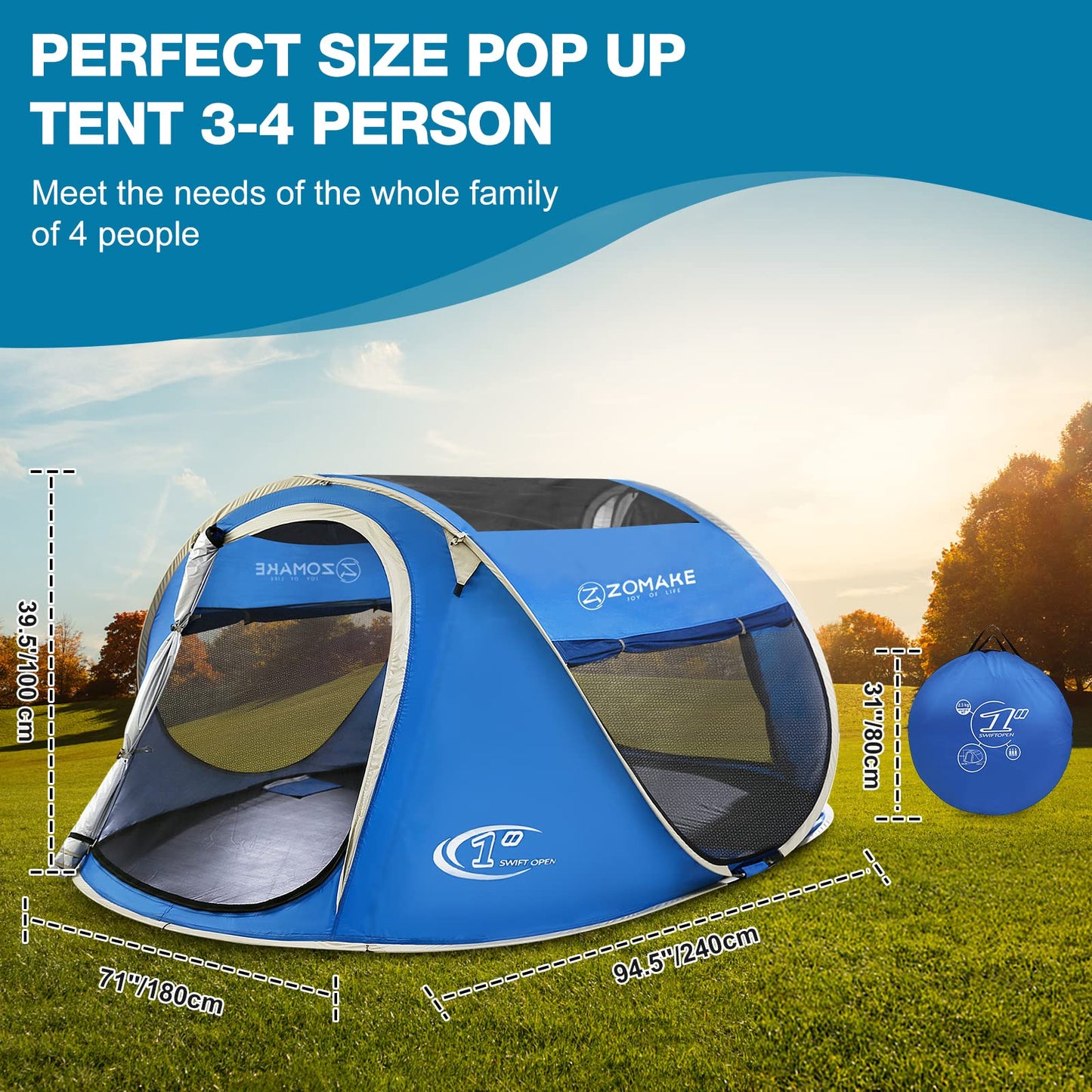 Easy Pop Up Tent 4 Person Waterproof - Pop-Up Camping Tents Automatic Tent Throw Pop Up Instant Flip Pop Tent for Camping,by ZOAMKE(Blue)