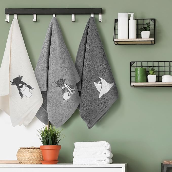3 Pcs Highland Cow Hand Towels Bathroom Decor Highland Cow White and Gray