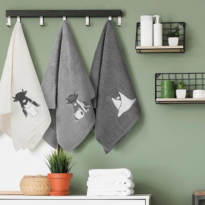 3 Pcs Highland Cow Hand Towels Bathroom Decor Highland Cow White and Gray