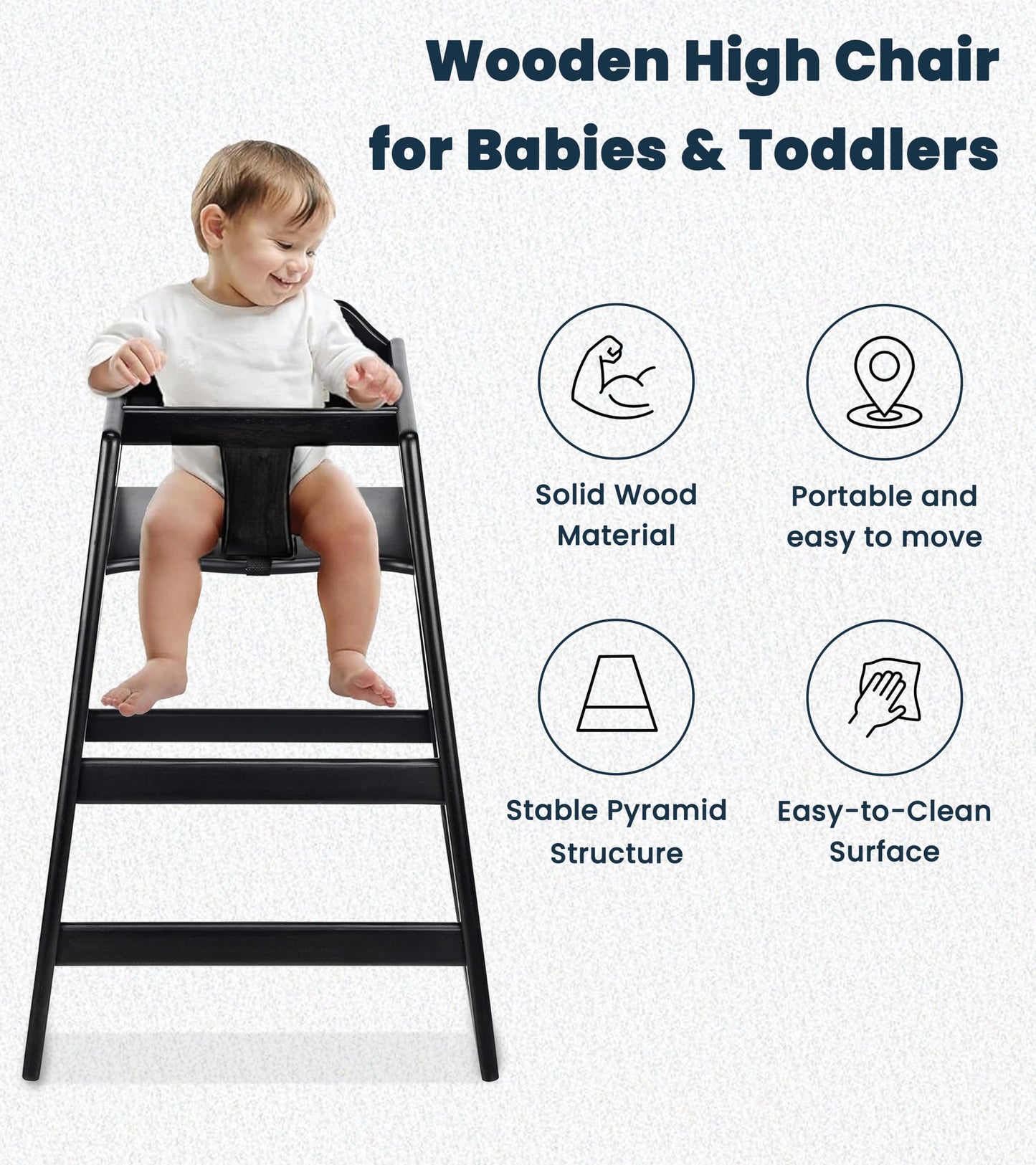 Alpine Wooden High Chairs for Babies and Toddlers with Safety Strap, Commercial Grade Restaurant High Chair, Durable Wood Space Saver Baby Feeding Chair, Ideal for Dining Spaces (2 Pack, Black)