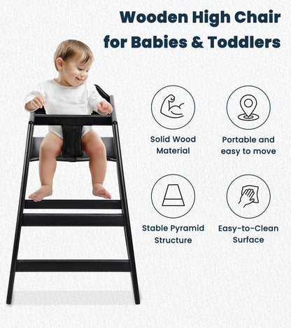Alpine Wooden High Chairs for Babies and Toddlers with Safety Strap, Commercial Grade Restaurant High Chair, Durable Wood Space Saver Baby Feeding Chair, Ideal for Dining Spaces (2 Pack, Black)