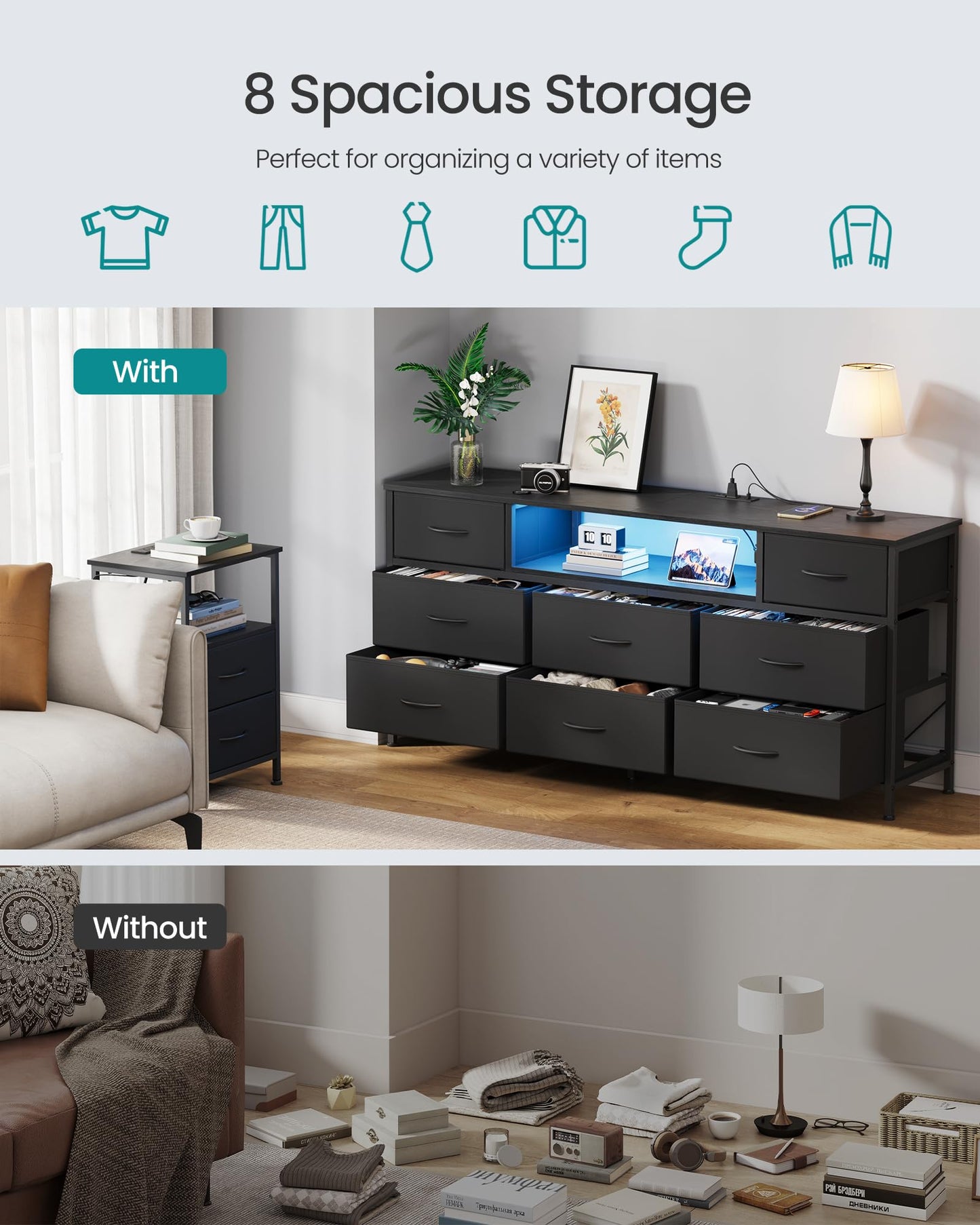 SONGMICS BELLAH Collection - Dresser for Bedroom with Outlets and LED Lights, TV Stand for TVs Up to 65 Inches, Chest of Drawers, 8 Drawers, Steel, Modern, Ink Black ULGS434BH02S