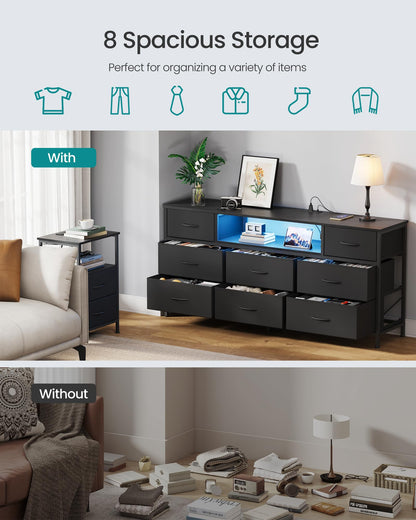 SONGMICS BELLAH Collection - Dresser for Bedroom with Outlets and LED Lights, TV Stand for TVs Up to 65 Inches, Chest of Drawers, 8 Drawers, Steel, Modern, Ink Black ULGS434BH02S