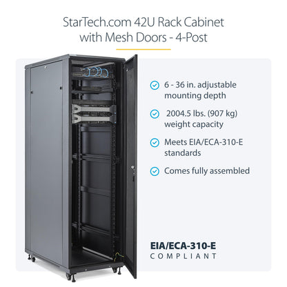 StarTech 42U Enterprise-Grade Server Rack Cabinet, Alloy Steel, 19in Enclosed 4-Post Rack with 36in (91cm) Mounting Depth and 2000lb (900kg) Weight Capacity, Black